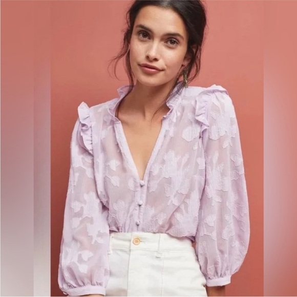 Anthropologie maeve Lilac Floral Ruffle long sleeve Blouse - Picture 1 of 5